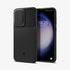 ACS05639 - Galaxy S23 Ultra Case Optik Armor in black showing the back with lens protector slot open